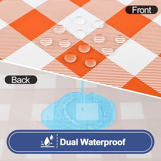 Smiry Picnic Table Cloth 2 Pack, Waterproof Elastic Fitted Tablecloths for 6FT Rectangle Tables, Washable Polyester Buffalo Plaid Tablecloth for Camping, Dining & Outdoor (Orange & White, 30" x 72")