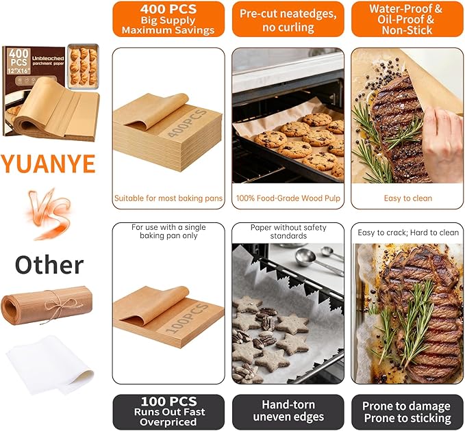 YUANYE 400PCS Parchment Paper Baking Sheets, 12"x16" Unbleached Precut Half Parchment Paper for Baking, Non-Stick Baking Paper for Baking, Grillin, Steaming Bread Cookies, Oven, Air Fryer, Microwave