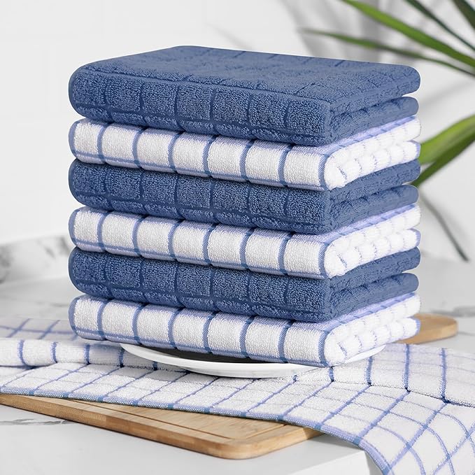 Homaxy Premium Cotton Kitchen Towels 16"x 28", Large Natural Ring Spun 390 GSM Dish Towels, Super Absorbent Terry Kitchen Hand Towels, Soft Tea Towels with Hanging Loop, Navy Blue Check Design, 4 Pack