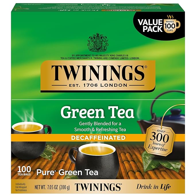 Twinings Decaffeinated Green Tea Individually Wrapped Bags, 100 Count (Pack of 1), Smooth Flavour, Enticing Aroma, Enjoy Hot or Iced, 100 Teabags