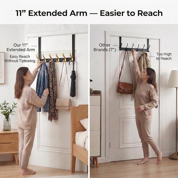 11" Over The Door Hooks for Hanging, Heavy Duty Door Towel Rack with Custom Gold Hooks, Anti-Scratch 4 Pads, 12 Dual-Layer Hooks for Bathroom Bedroom Kitchen (Black Gold)