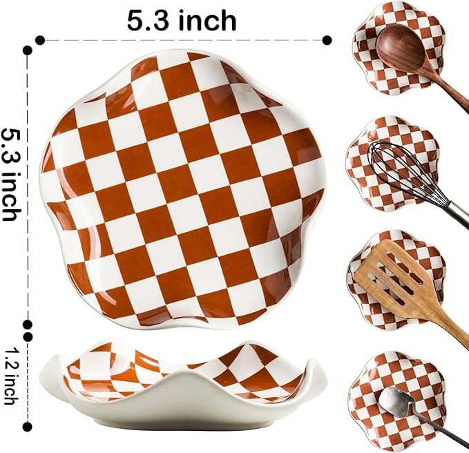 Spoon Rest for Stove Top, Checkered Coffee Spoon Rest, Ceramic Spoon Holder for Kitchen Counter Cooking Utensil Rest - Heat Resistant & Dishwasher Safe, Modern Farmhouse Kitchen DéCor