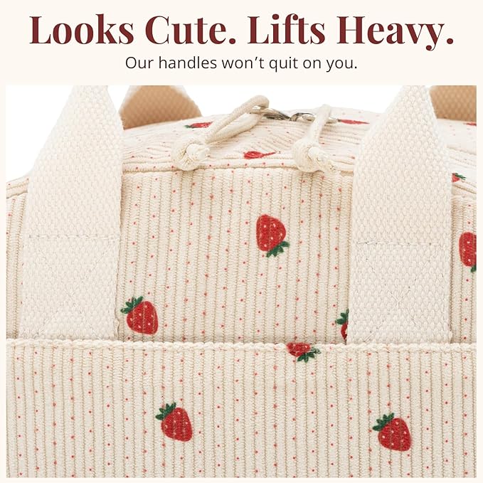 LOVELYWIND Crossbody Strawberry Lunch Bag for Women, Insulated Corduroy Tote with Adjustable Strap, Water Resistant Lunch Box for Work, Picnic, Travel or Beach, Beige Cream Reusable Lunch Box