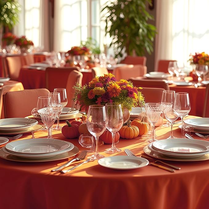 sancua Thanksgiving Round Tablecloth 108 Inch Diameter, 6 Pack Rust Circle Polyester Fabric Fall Table Cloth for Holiday Party Reception, Washable Burnt Orange Table Cover (Fit 42-96 Inch Tables)