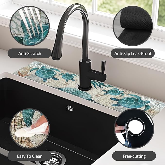 24" X 5.5" Kitchen Sink Splash Guard Faucet Mat Sea Turtles Super Absorbent Fast Drying Faucet Guard & Draining Mat Sink Splash Guard Behind Faucet for Kitchen, Bathroom