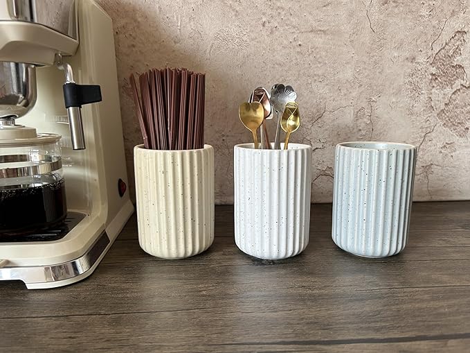 TOPYOKK Stoneware Coffee Bar Utensil Holder Tea & Coffee Spoon & Stirrer Holder for Stir Stick Straw Teaspoon Holder Spoon Cup Small Utensil Jar Fluted Vertical Stripe (Spotted White)