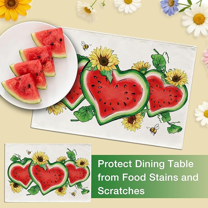 Seliem Summer Watermelon Sunflower Placemats Set of 4, Love Heart Melon Fruit Flower Dining Table Place Mats, Floral Bee Seasonal Kitchen Decor Home Decoration 12 x 18 Inches