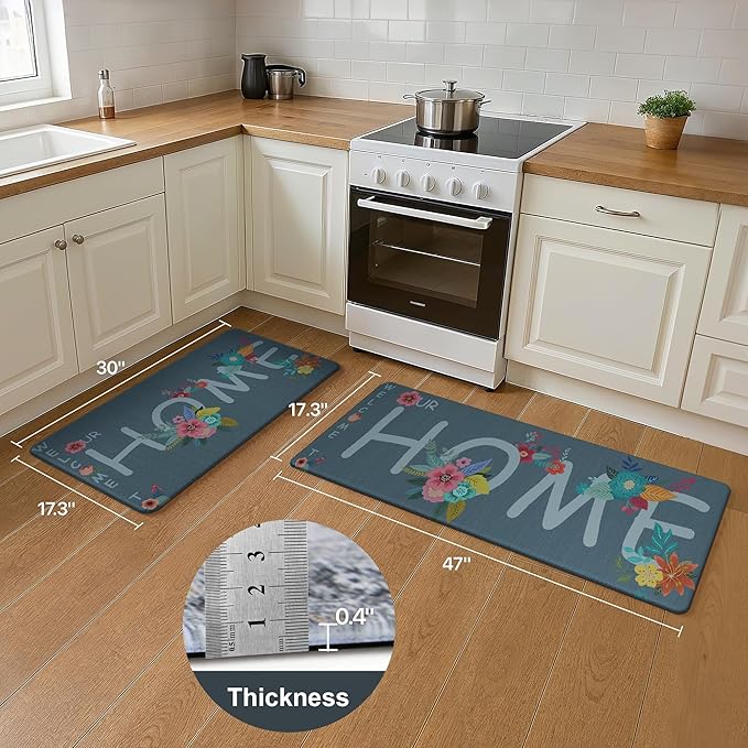 GENIMO Anti Fatigue Kitchen Mats for Floor, Non Slip Washable Home Theme Rugs Sets of 2, Farmhouse Cushioned Waterproof Comfort Runner Rug for Kitchen, Sink, Desk, Laundry, 17"x 47"+17"x 30", Blue