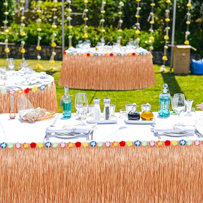Hawaiian Themed Party Decorations, 2PCS Yellow Luau Party Table Skirt Decorations, 108 X 29.5" Table Skirt Flower Tropical Hula Dance Parties Supplies, Grass Table Skirt for Summer Beach Themed Party