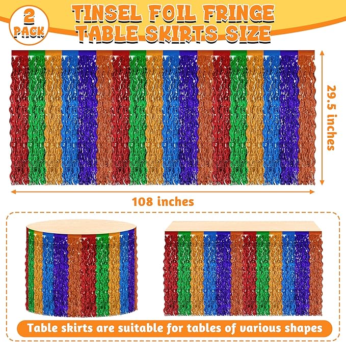 Cinco De Mayo Decorations, 2 Pack Fiesta Table Skirts Supplies for Fiesta Party Decorations, Mexican Theme Metallic Wavy Tinsel Foil Fringe Table Skirts for Photo Booth Props Birthday Table Decor