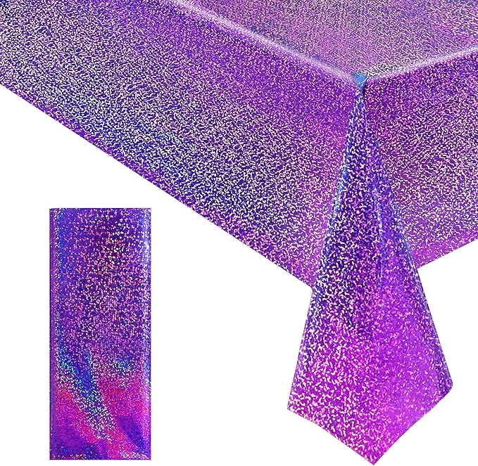 Just Shimmer Sparkling Holographic Laser Tablecloth - Shimmering, Waterproof, Easy to Clean - Ideal for Bachelorette, Birthday, Wedding, and Anniversary Party Decorations (Purple, 1)