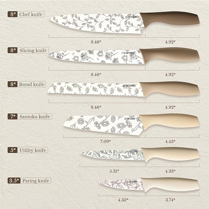 CAROTE 12PCS Knife Set, Kitchen Knife Set with 6 Blade Guards, Stainless Steel Knives Set With Nonstick Ceramic Coating, Rustproof, Delicate Floral Designs, White (Pack of 2)