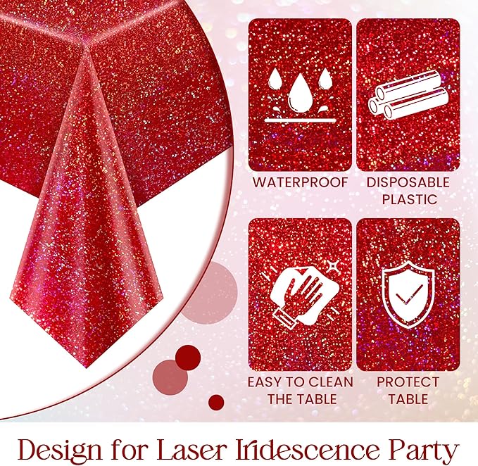 Red & Silver Carnival Laser Tablecloth 40" x 108" Shining Christmas Holiday Holographic Table Cloth Birthday Graduation Party Table Cover Plastic Foil Party Supplies For Anniversary Baby Shower
