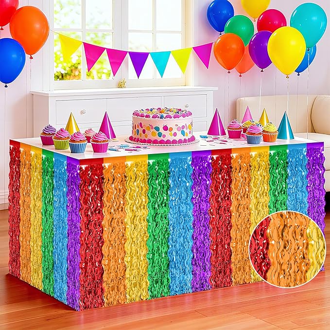 Rainbow Table Skirt, 2Pack Desk Skirts Party Decorations, Colorful Metallic Wavy Tinsel Foil Fringe Table Skirts, Lgbt Rainbow Foil Table Skirt for Birthday Pride Decorations Teacher Pride Month Decor