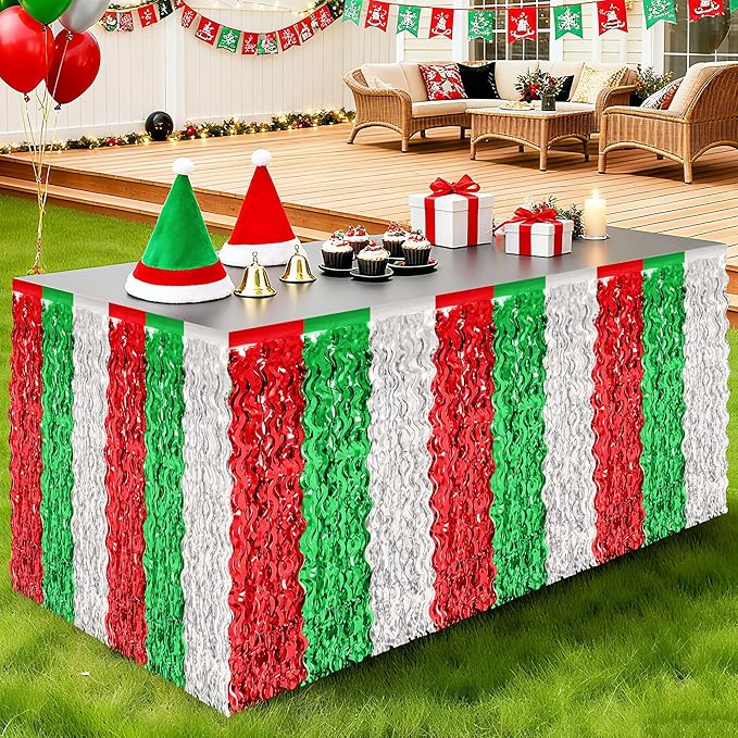 Christmas Table Skirt, 2 Pack Red Silver Green Desk Skirts Party Decorations, Metallic Xmas Wavy Tinsel Foil Fringe Table Skirts, Foil Table Skirt for Indoor Christmas Party Backdrop