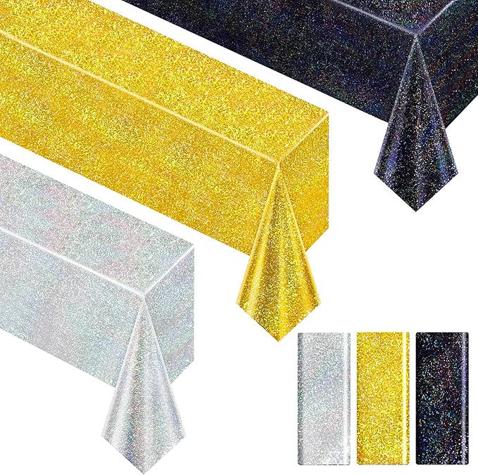 Black & Gold & Silver Holographic Tablecloth 40" x 108" Hot Pink Party Decoration Valentine's Day Birthday Party Table Decor Iridescence Plastic Table Cloth for Halloween Baby Shower Party Supplies