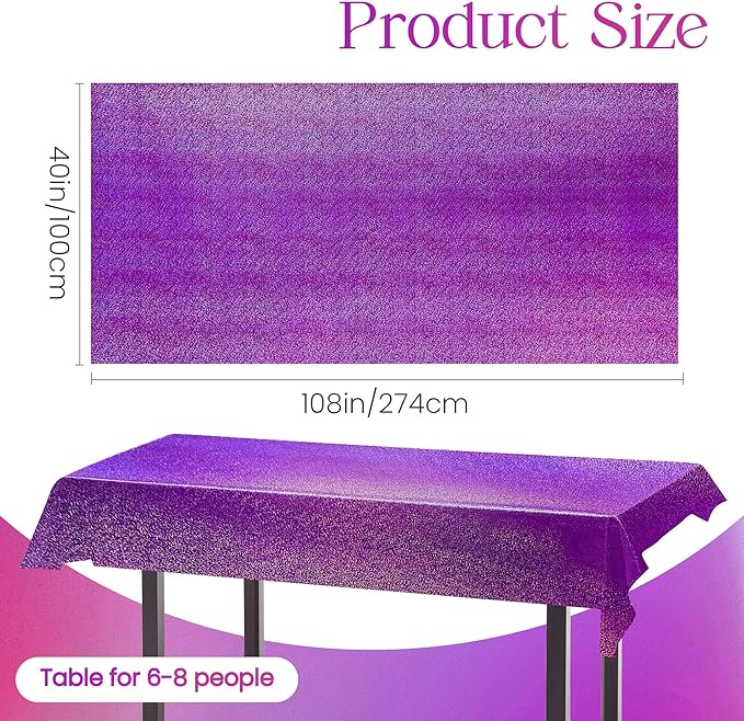 Just Shimmer Sparkling Holographic Laser Tablecloth - Shimmering, Waterproof, Easy to Clean - Ideal for Bachelorette, Birthday, Wedding, and Anniversary Party Decorations (Purple, 1)