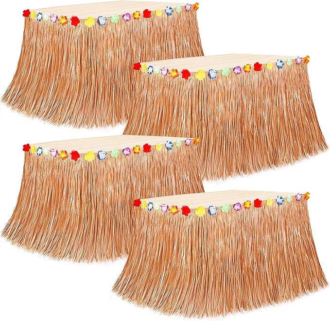 4PCS Hawaiian Table Skirt Decor, Yellow Luau Themed Grass Table Skirt Party Decorations, 108 X 29.5" Flower Tropical Hula Dance Parties Supplies, Table Skirt Bulk for Summer Beach Themed Activities
