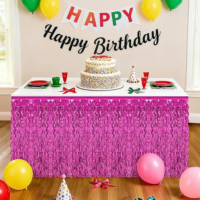 2 Pack Hot Pink Table Skirt Decor, Breast Cancer Awareness Decorations Foil Grass Skirt for Table, Metallic Wavy Tinsel Foil Fringe Table Skirts, Table Foil Skirts Wedding Birthday Valentines Party