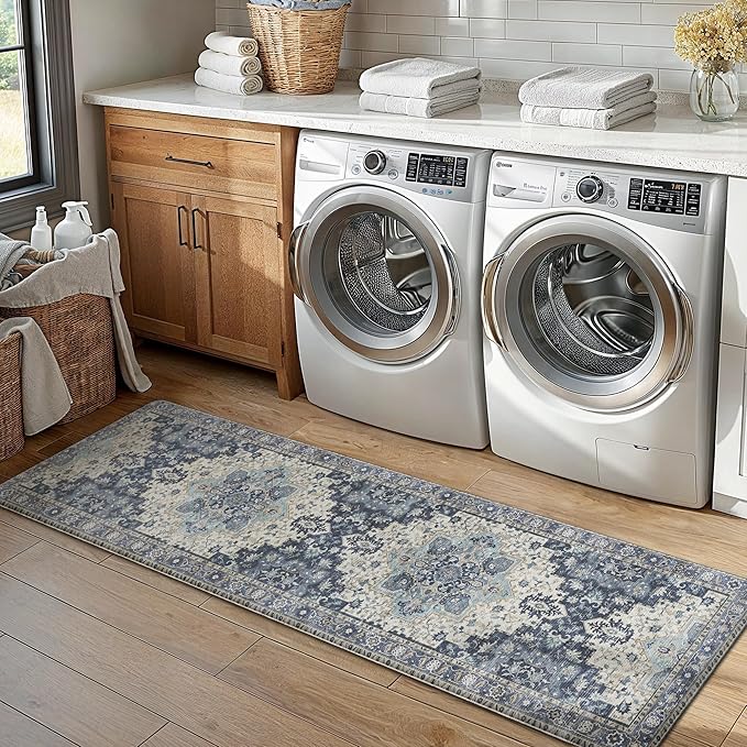 GENIMO Kitchen Mats for Floor 2PCs, Washable Anti Fatigue Mat for Cushioned, 17.3"x59"+17.3"x30", Waterproof Kitchen Rugs, Non Slip Comfort Standing Mat Rug for Home, Sink, Laundry, Center Blue