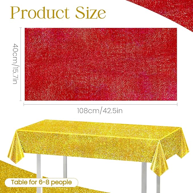 Red & Gold Carnival Laser Tablecloth 40" x 108" Shining Christmas Holiday Holographic Table Cloth Birthday Graduation Party Table Cover Plastic Foil Party Supplies For Anniversary Baby Shower