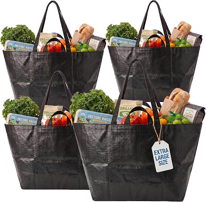 DURASACK Haul-It-All Extra-Large Reusable Shopping Bag – Heavy Duty Open-Top Tote with Handles, 18-Gallon Capacity, Black, Pack of 4