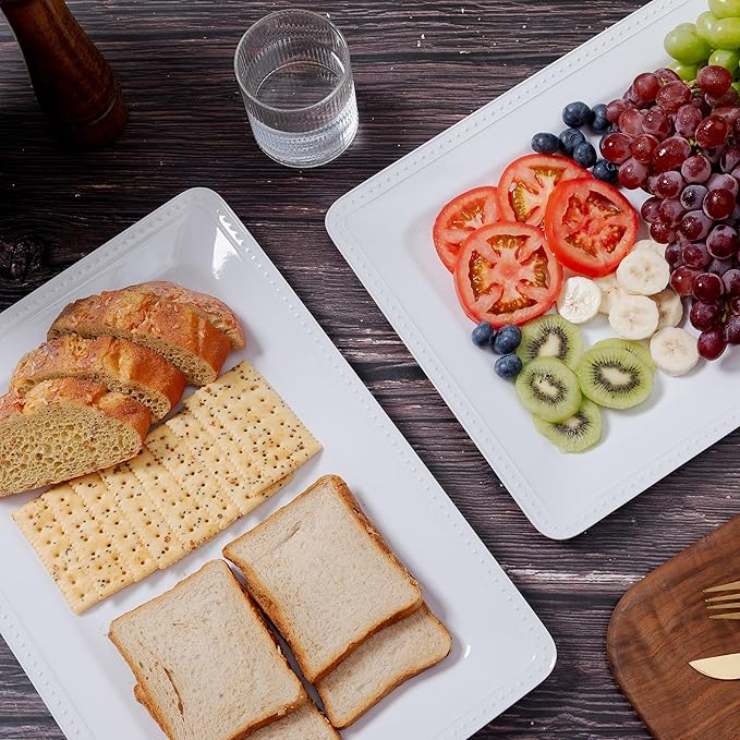 Melamine Large Serving Platter Set for Party Supplies,16"x11" Platters for Serving Food, 2pcs White reusable Serving Tray for Cookie, Fruit, Snack,Party Food Display,Stackable Kitchen CounterTop Tray