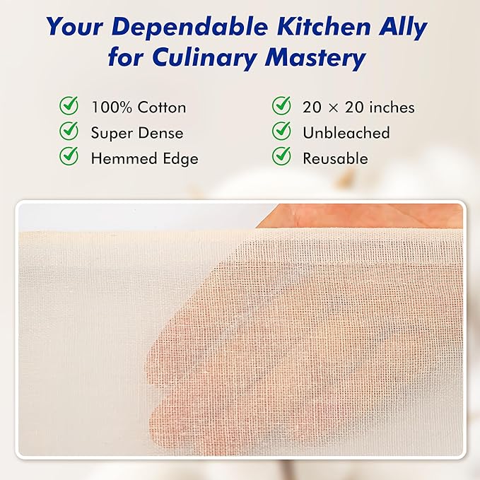 10 PCS Reusable Cheesecloth, Grade 100, 20x20 Inch Hemmed Cheese Cloth for Straining Craft, 100% Cotton Unbleached Cloth Strainer for Cooking, Baking, Juicing, Cheese Making