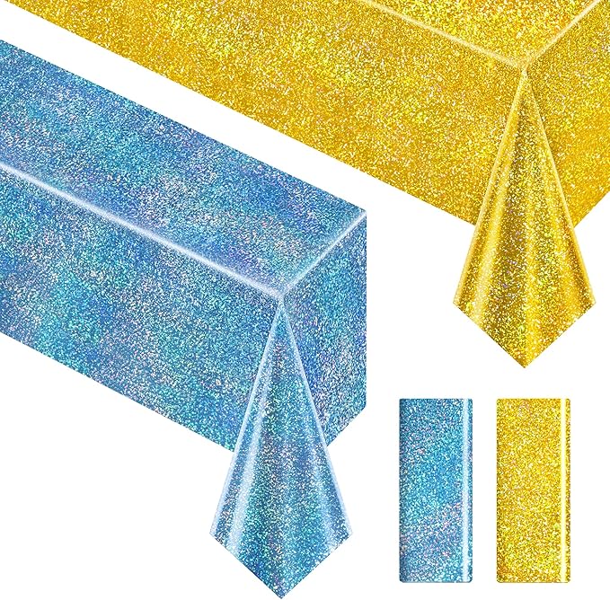 Just Shimmer Sparkling Holographic Laser Tablecloth - Shimmering, Waterproof, Easy to Clean - Ideal for Bachelorette, Birthday, Wedding, and Anniversary Party Decorations (Light Blue & Gold, 2)