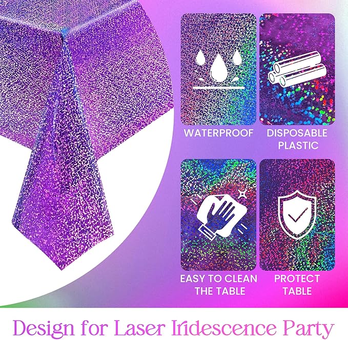 Purple & Silver Holographic Laser Tablecloth 40" x 108" Iridescence Shiny Birthday Party Table Cloth Plastic Table Cover For Halloween Event Wedding Anniversary Bridal 16th 18th 21th Party Supplies