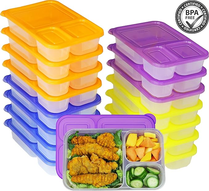 Simple Houseware 16 Pack 36 oz 3-Compartment Reusable Meal Prep Container, BPA-Free Stackable Bento Box - Microwave, Freezer & Dishwasher Safe