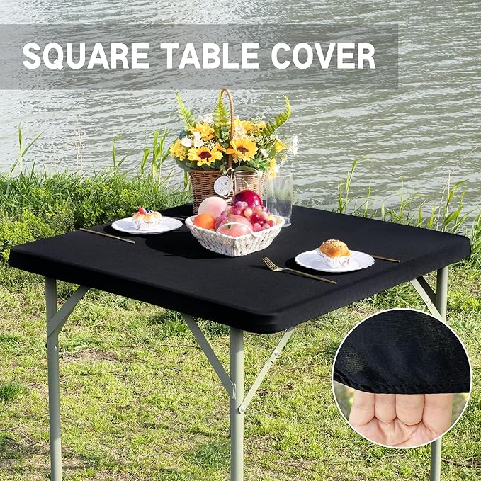 Square Fitted Table Cover Elastic Tablecloth Stretch Spandex Tables Top Cover Table Topper Cap for Dining Kitchen Home Party Black 34X34 Inch