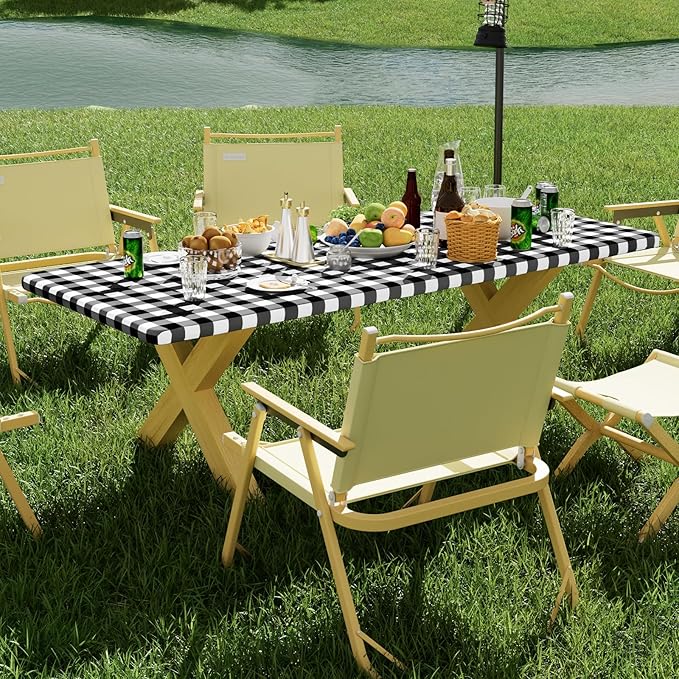 Smiry Picnic Table Cloth 2 Pack, Waterproof Elastic Fitted Tablecloths for 36x60 Rectangle Tables, Washable Polyester Buffalo Plaid Tablecloth for Camping, Dining & Outdoor (Black & White, 36" x 60")