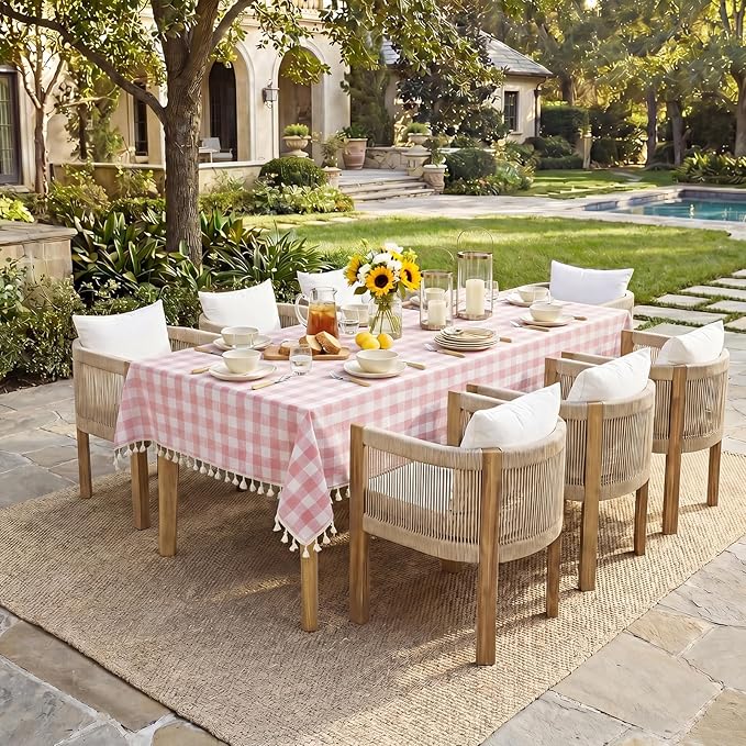 Softalker Pink Gingham Tablecloth Rectangle, Outdoor Linen Cotton Checkered Table Cloth with Tassel, Heavy Duty Wrinkle Free Buffalo Plaid Table Cover for Kitchen Dining Home Party - 55 x 70 Inch