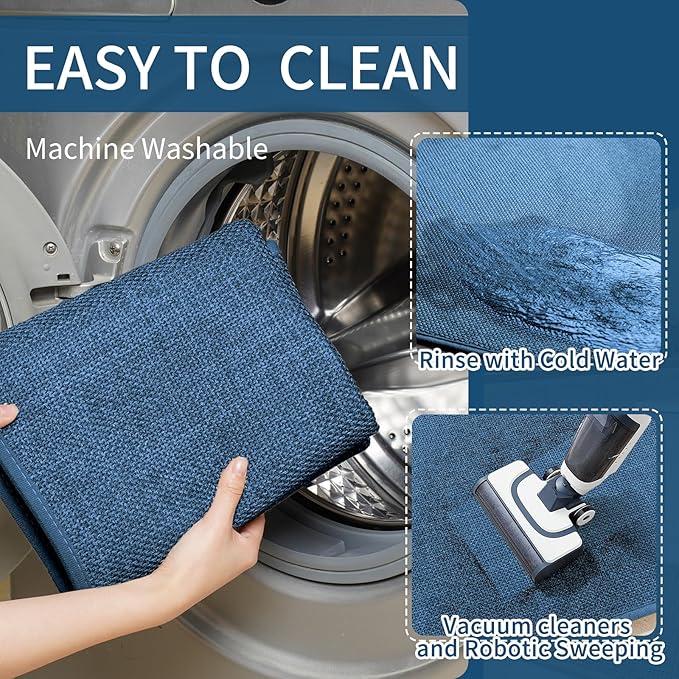 Kitchen Mats for Floor, Super Absorbent Kitchen Rugs Non Slip Washable, Soft Imitation Linen Braided Kitchen Runner Rug, Standing Mat Kitchens Sink Mat, Easy to Clean, Blue 17x95