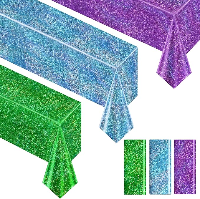 Sparkling Holographic Laser Tablecloth - Shimmering, Waterproof, Easy to Clean - Ideal for Halloween Bachelorette, Birthday, Wedding, and Anniversary Party Decorations (Light Blue & Green & Purple, 3)
