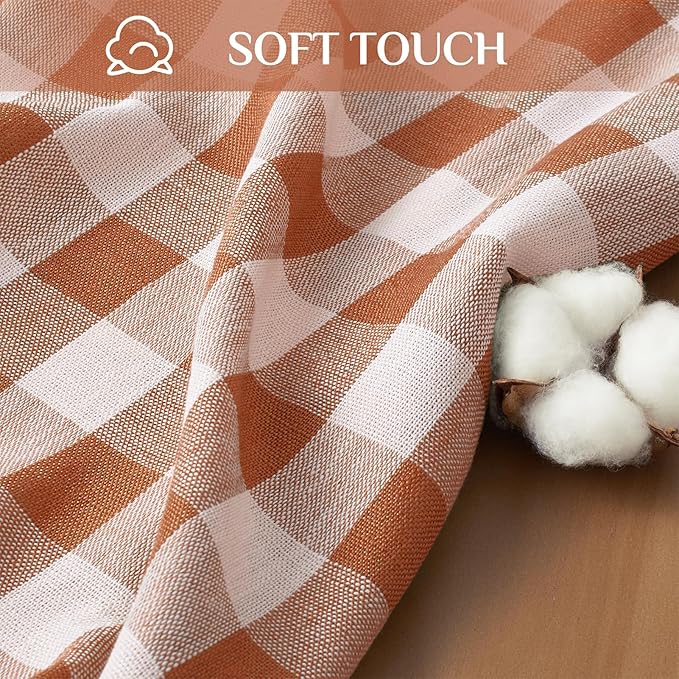 Softalker Fall Checkered Tablecloth Square, Heavy Weight Linen Cotton Gingham Thanksgiving Orange Table Cloth with Tassel, Wrinkle Free Buffalo Plaid Table Cover for Dining Party- 55 x 55 Inch