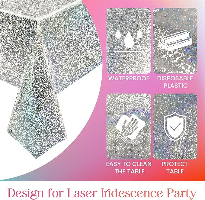 Just Shimmer 2 Pcs Black & Silver Holographic Laser Tablecloths Shiny Plastic Table Cloths 40" x 108" Black and White Classical Halloween Events Birthday Party Decor Anniversary Supplies