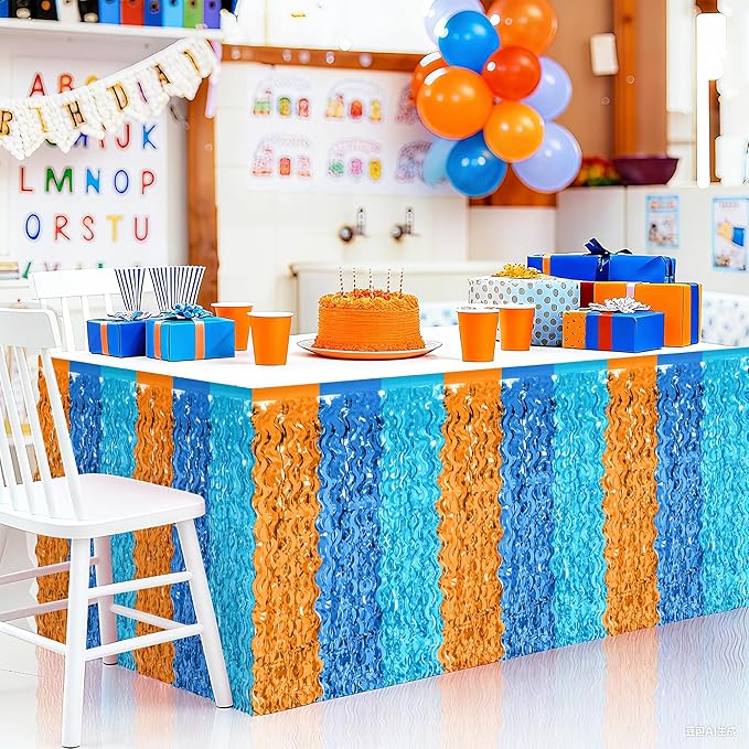 2 Pack Table Skirt, Blue Orange Grass Skirt for Table, Metallic Wavy Tinsel Foil Fringe Desk Skirts, Blue Orange Foil Table Skirt for Birthday Indoor Party Decorations
