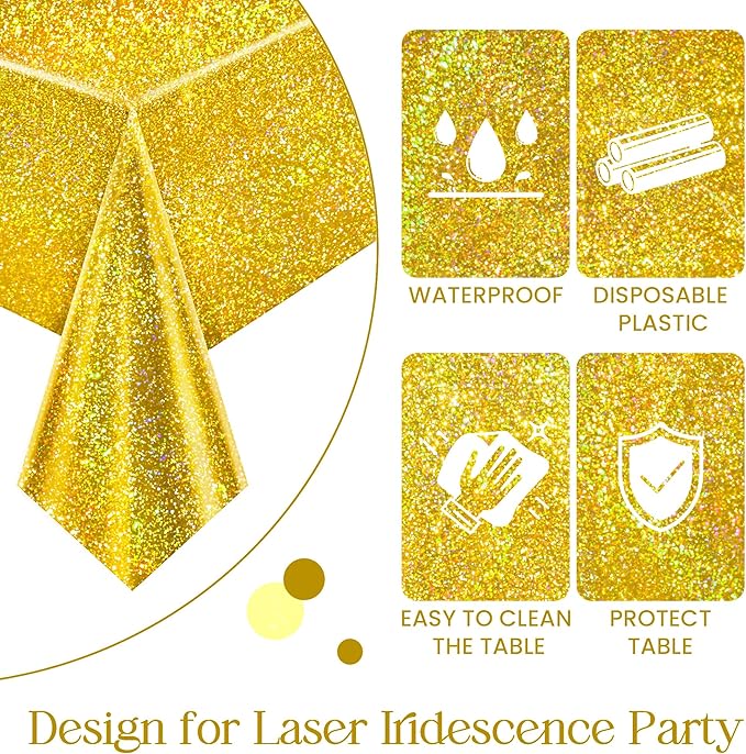 Just Shimmer Sparkling Pink & Gold Holographic Laser Tablecloth - Shimmering, Waterproof, Easy to Clean - Ideal for Bachelorette, Birthday, Wedding, and Anniversary Party Decorations