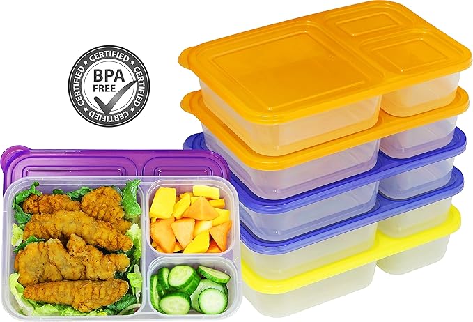 Simple Houseware 6 Pack 36 oz 3-Compartment Reusable Meal Prep Container, BPA-Free Stackable Bento Box - Microwave, Freezer & Dishwasher Safe