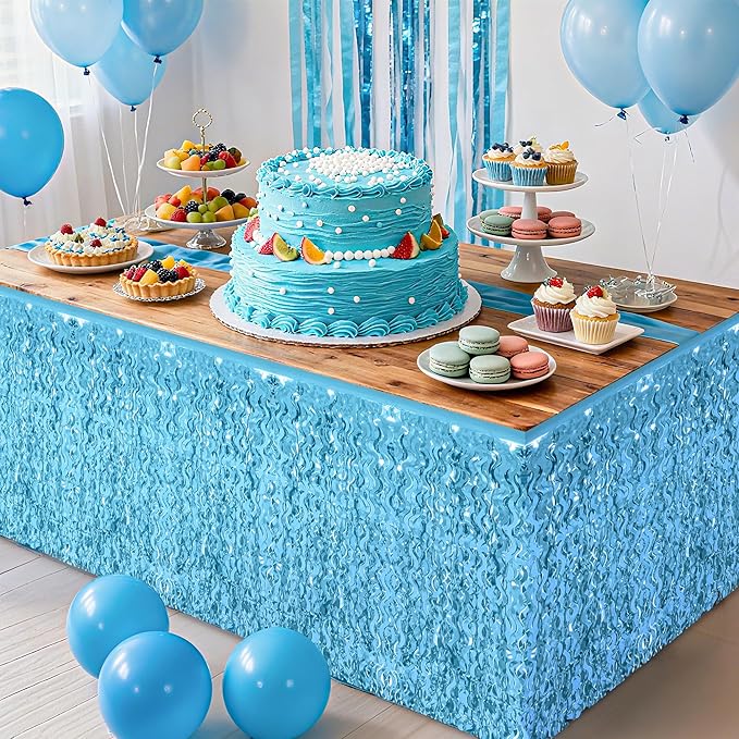 2 Pack Light Blue Table Skirt, Gender Reveal Desk Grass Skirt for Table, Under The Sea Party Wavy Tinsel Foil Fringe Table Skirts, Foil Table Skirts Oktoberfest Birthday Indoor Party Decor