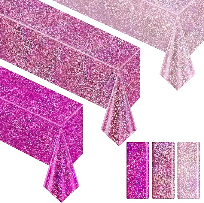 Pink & Pale Pink Holographic Tablecloth - 40" x 108" Valentine's Day & Birthday Party Decor - Iridescent Plastic Table Cloth for Baby Shower & Bachelorette Party
