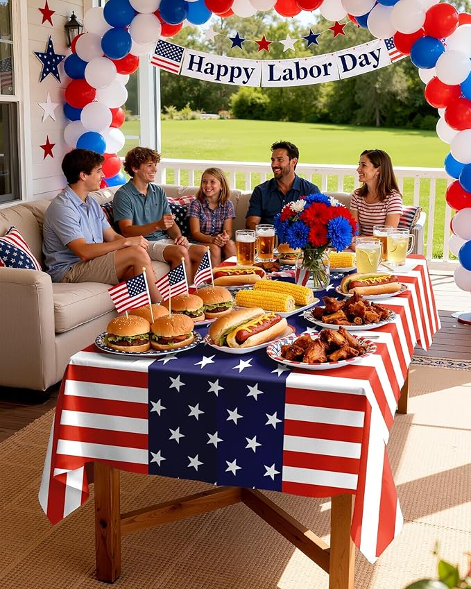 Pureegg Plastic Patriotic Tablecloths 4th of July Decorations, Table Cloth Disposable 3 Pack, Memorial Day Decorations, 4th of July Decorations, 54x108 Inch, American Flag