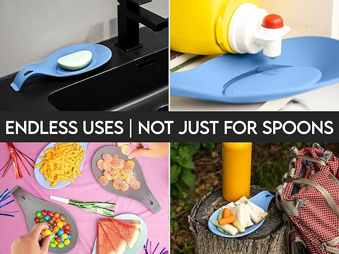 Silicone Spoon Rest for Stove Top Set of 2 – HEAT RESISTANT DISHWASHER SAFE Kitchen Utensil Holder for LARGE Utensils - Won’t Break - Non-Slip - Ideal for Glass & Induction Cooktops - for Home Cooks