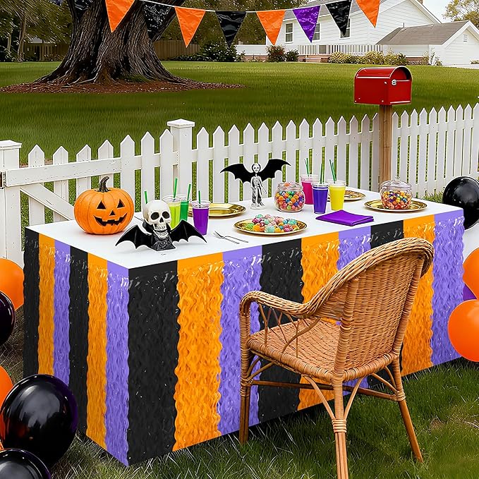 Halloween Table Skirts Decor, 2 Pack Black Orange Purple Desk Skirts Party Decorations, Halloween Wavy Tinsel Foil Fringe Table Skirts, Foil Favors for Indoor Party Backdrop Supplies