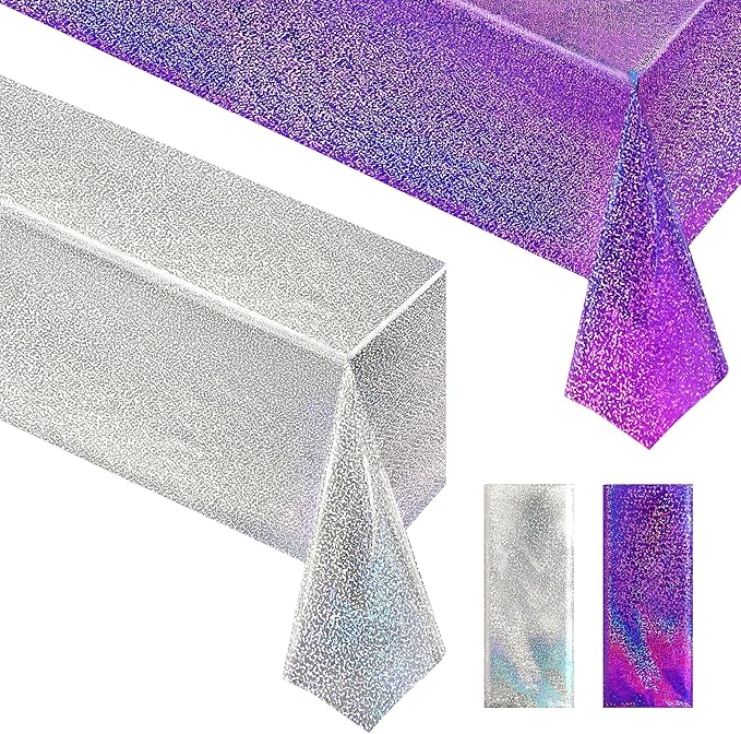 Purple & Silver Holographic Laser Tablecloth 40" x 108" Iridescence Shiny Birthday Party Table Cloth Plastic Table Cover For Halloween Event Wedding Anniversary Bridal 16th 18th 21th Party Supplies