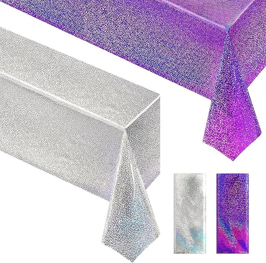 Purple & Silver Holographic Laser Tablecloth 40" x 108" Iridescence Shiny Birthday Party Table Cloth Plastic Table Cover For Halloween Event Wedding Anniversary Bridal 16th 18th 21th Party Supplies