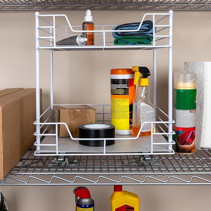 Household Essentials 2-Tier Sliding Pantry Organizer, 16.73" H x 15.35" W x 16.14" D, Strong Powder-Coated Steel Frame, Durable and Versatile, Easy Installation, Mounting Hardware Included, White
