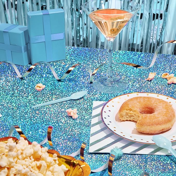 Just Shimmer Sparkling Holographic Laser Tablecloth - Shimmering, Waterproof, Easy to Clean - Ideal for Bachelorette, Birthday, Wedding, and Anniversary Party Decorations (Blue & Green, 2)